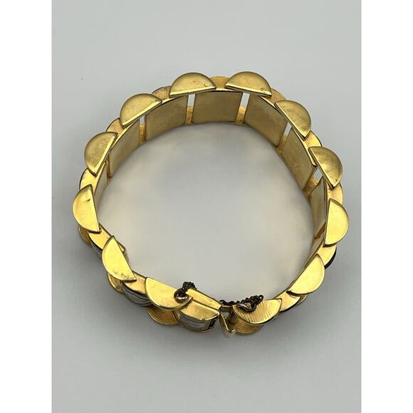 Vintage Damascene Link Bracelet Floral Pink Roses Black & Gold Tone Panels Chain - Picture 7 of 10